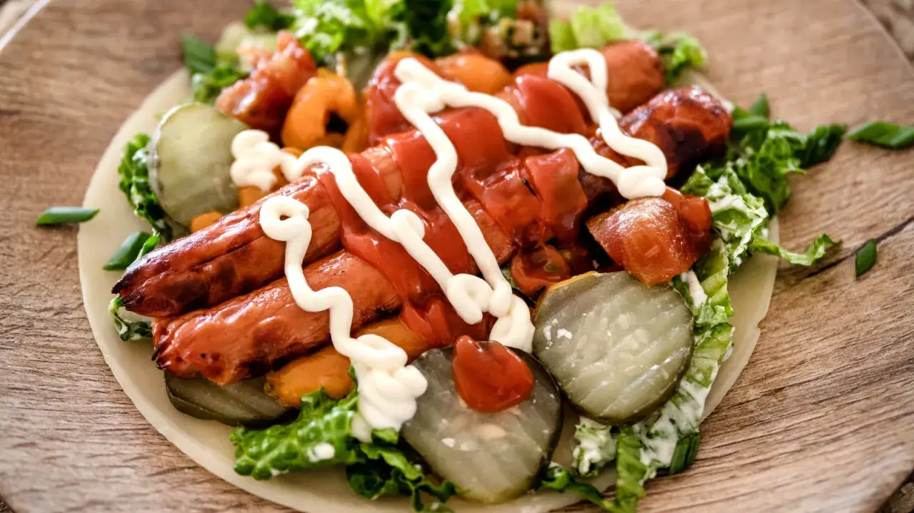 Ein leckerer Hot Dog Salat mit gegrillten W&uuml;rstchen, Tomaten, Gurken und Salat, garniert mit Mayonnaise und Ketchup auf einem Holzbrett.
