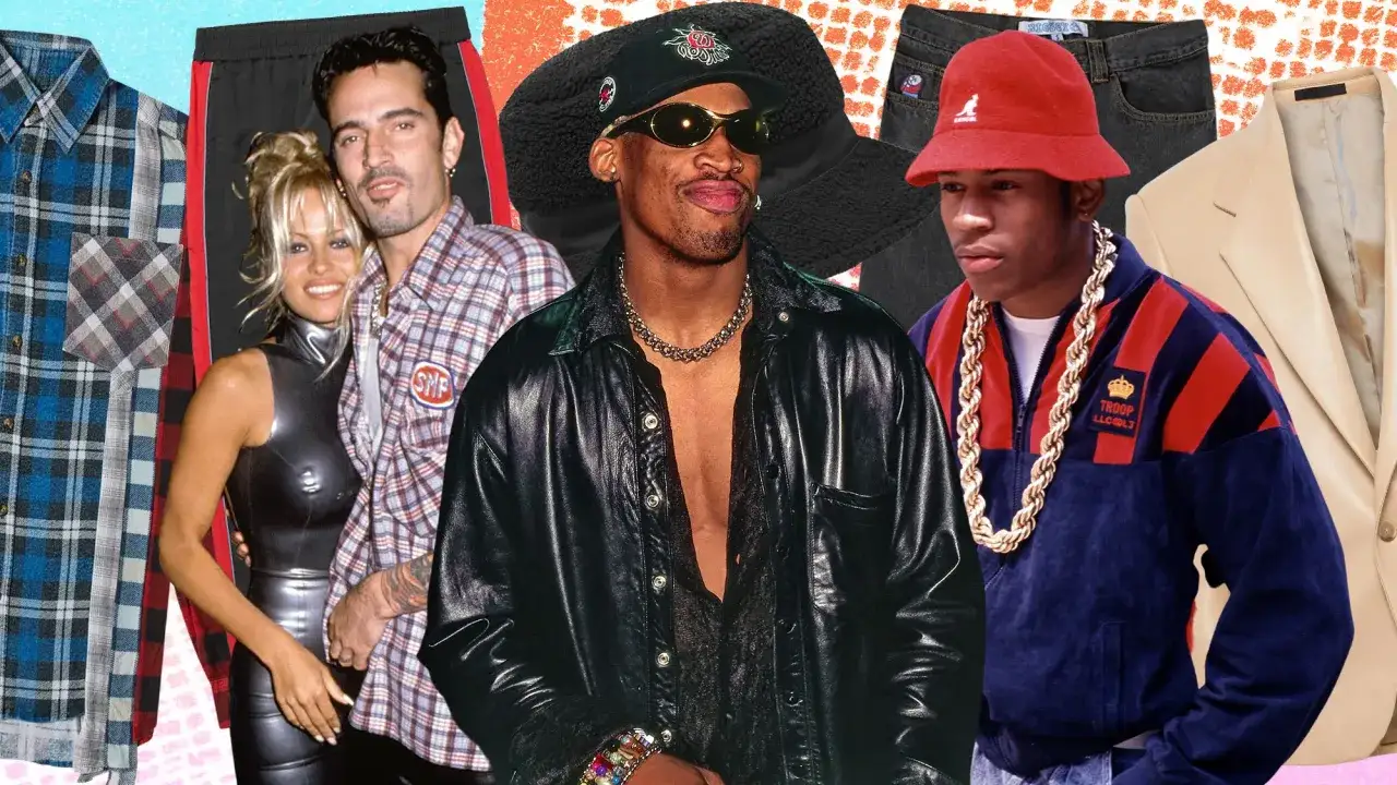 Ikony stylu lat 90.: Pamela Anderson i Tommy Lee, Dennis Rodman w skórzanej kurtce, LL Cool J w dresie Troop.