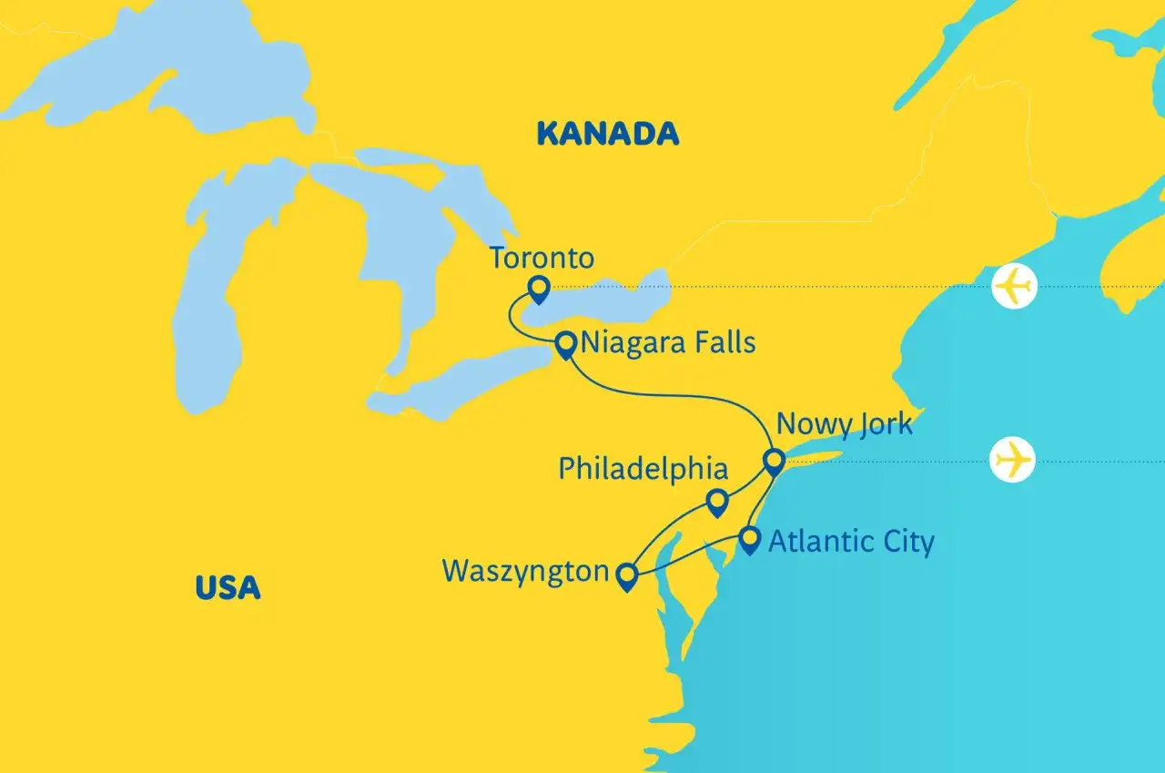Mapa trasy USA: Toronto, Niagara Falls, Nowy Jork, Filadelfia, Atlantic City, Waszyngton. Zastanawiasz się, ile kosztuje bilet do USA w dwie strony?
