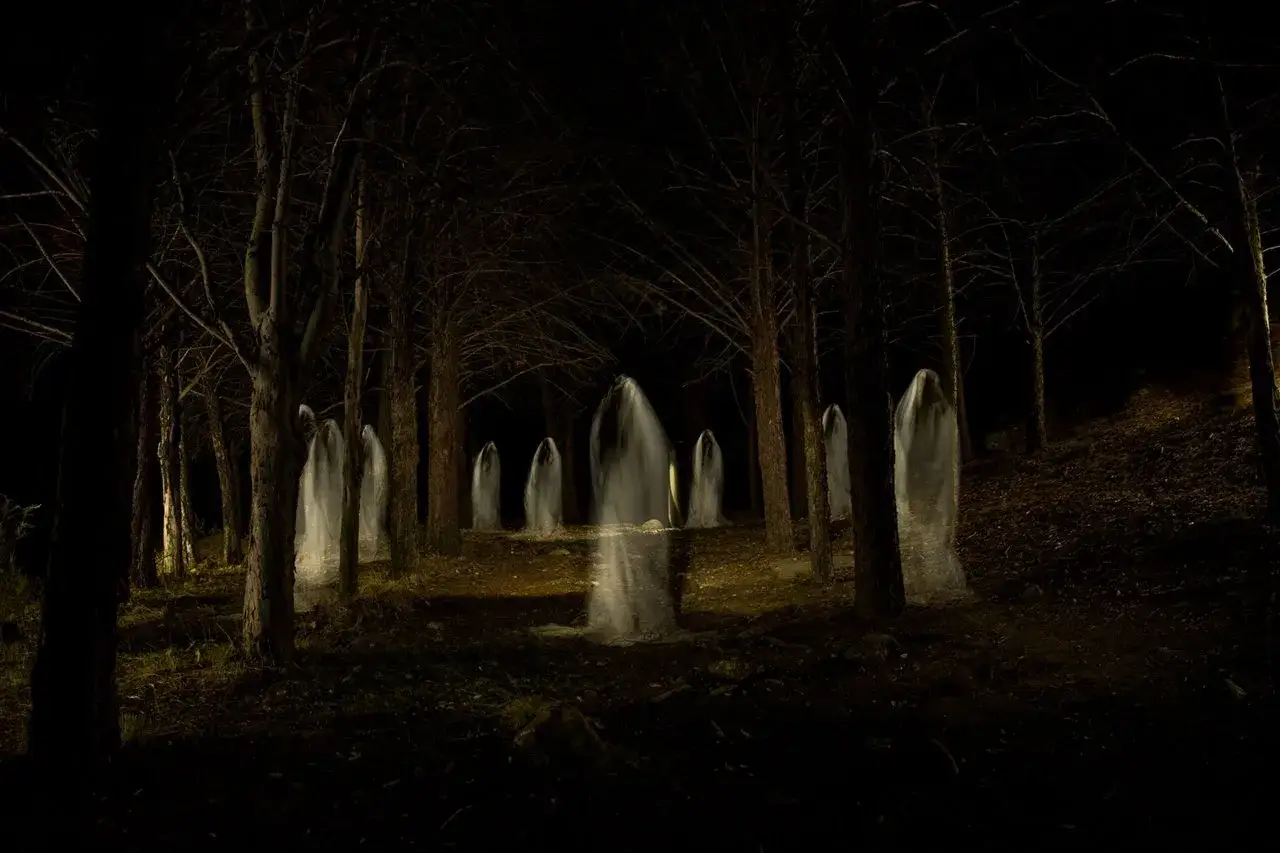 Figuras etéreas emergen entre árboles oscuros, evocando una **leyenda gallega** de espíritus del bosque.