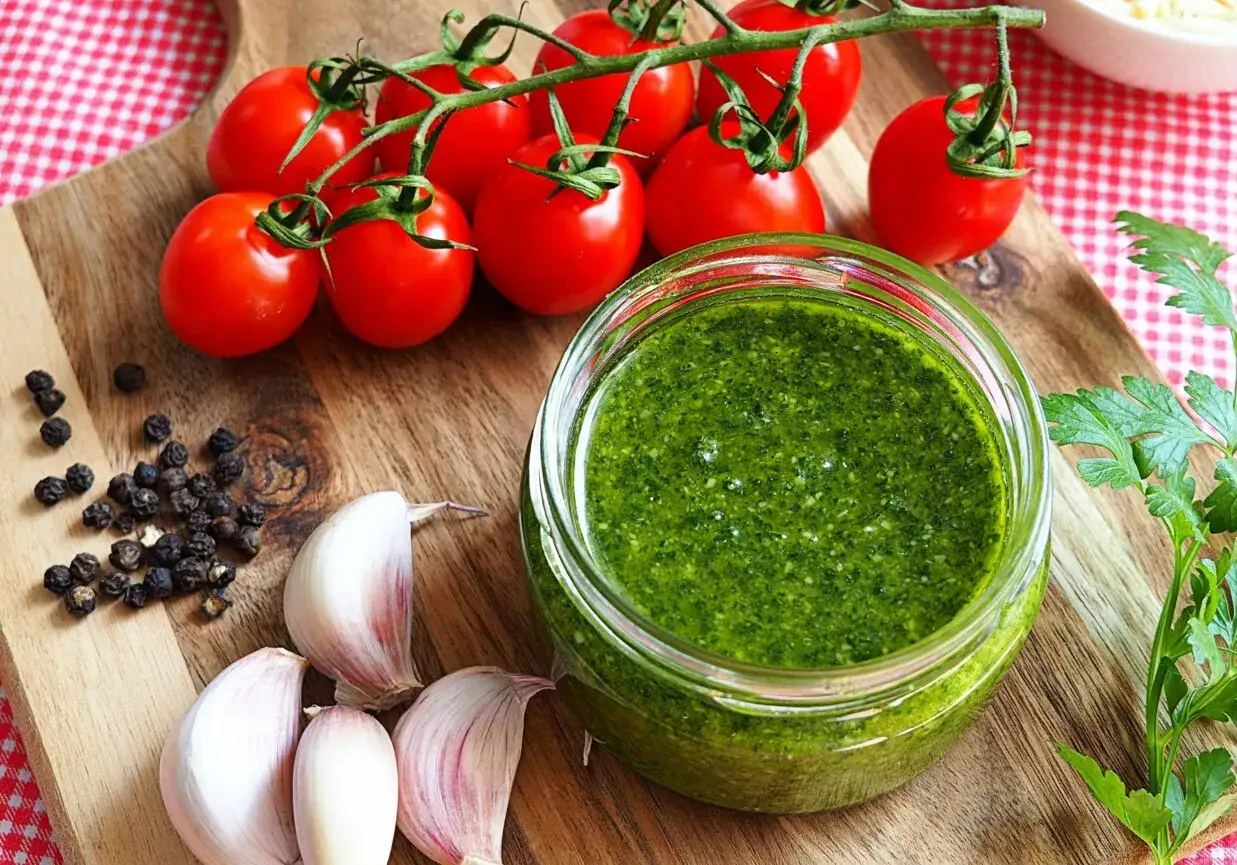 Słoik domowego pesto z pietruszki, obok pomidorki, czosnek i pieprz.