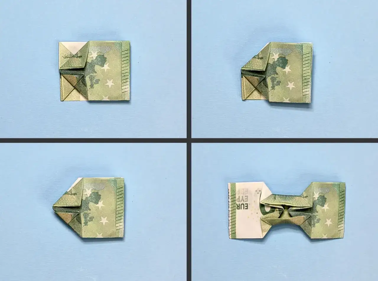 Schritt-für-Schritt-Anleitung, wie man eine Fliege aus Geld falten kann. Die einzelnen Schritte zeigen die Entstehung der Papierfliege.