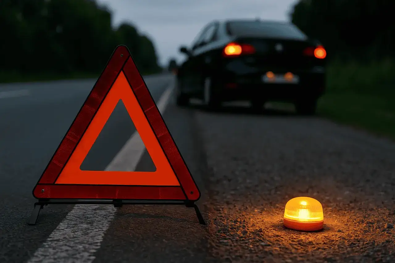 Triángulo de emergencia y luz intermitente para proteger y avisar. Señal para socorrer en la carretera.