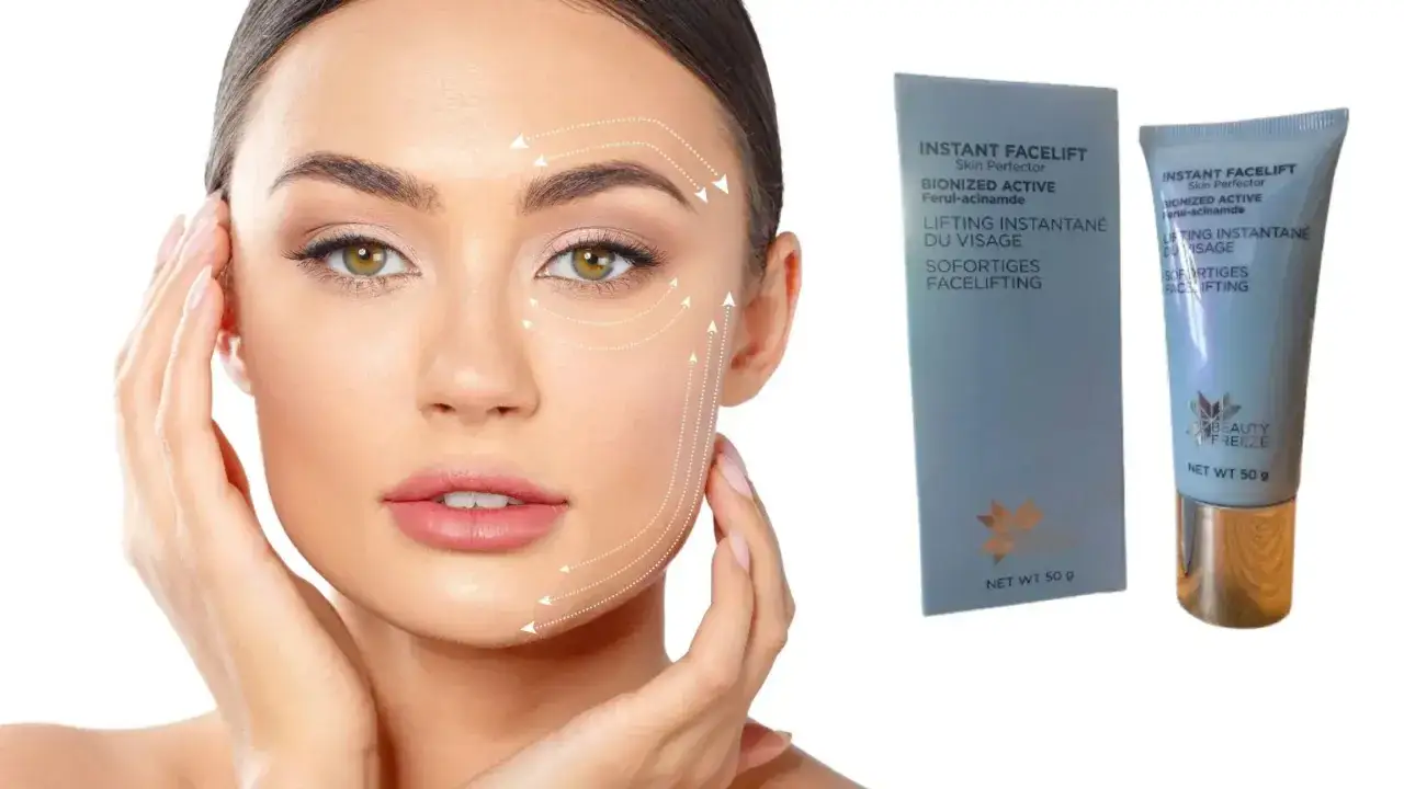 Donna con frecce che indicano l'effetto lifting del prodotto. Il significato di effetto lifting &egrave; un viso pi&ugrave; giovane e tonico.