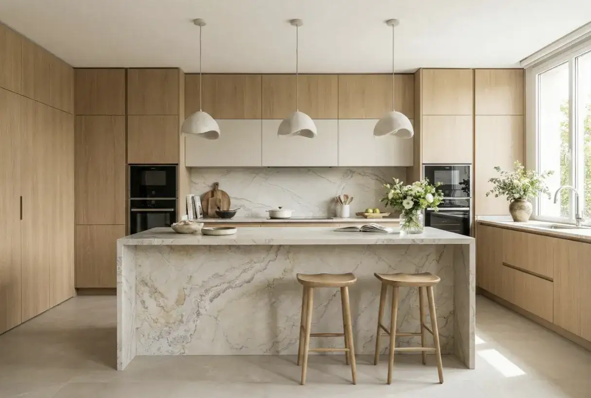 Cocina moderna con isla de m&aacute;rmol y taburetes de madera. Inspiraci&oacute;n cocinas minimalistas y elegantes.