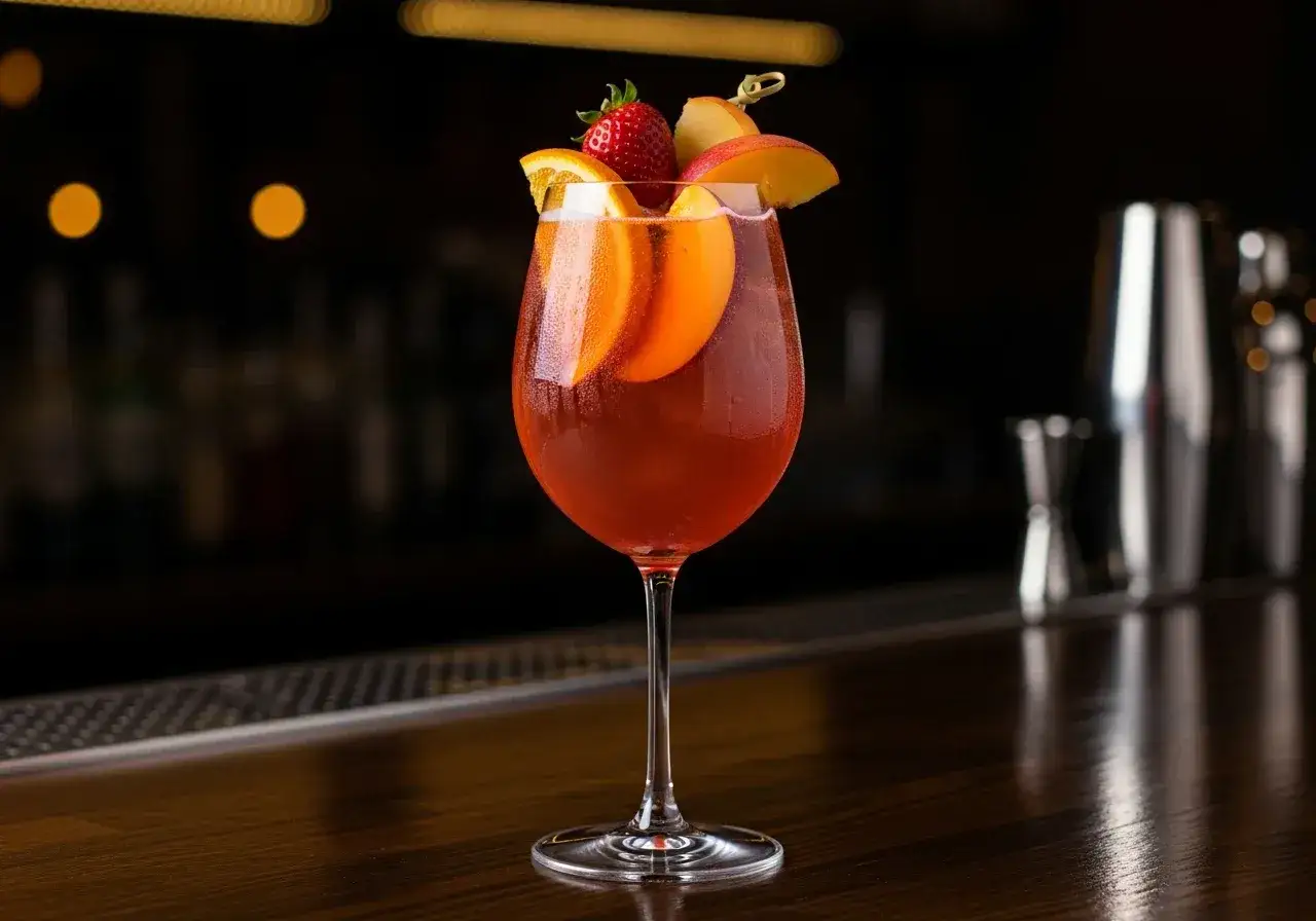 Ett glas med r&ouml;d cava sangria, garnerat med apelsinskivor, jordgubbe och persika. Perfekt f&ouml;r en festlig stund.