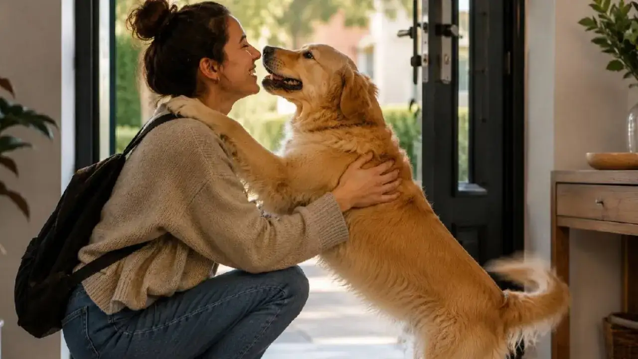 Mujer acaricia a su perro golden retriever, demostrando cómo tranquilizar a un perro con amor y paciencia.