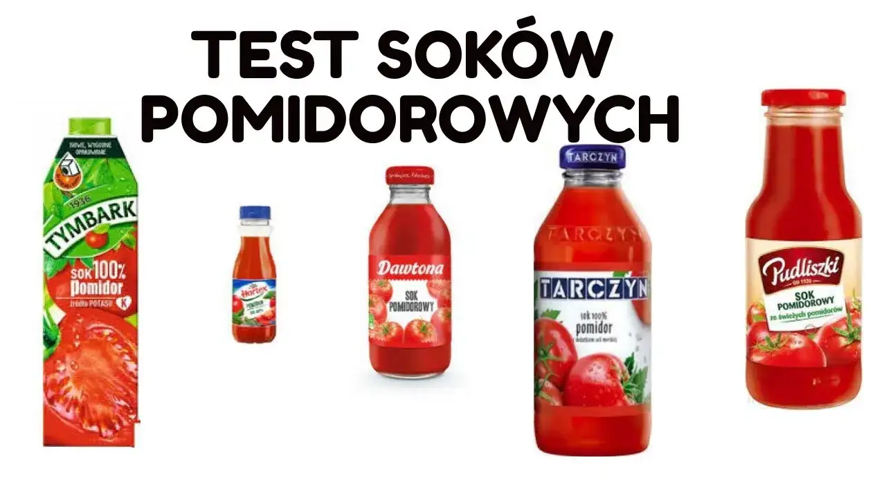 Różne rodzaje soków pomidorowych na półce sklepowej