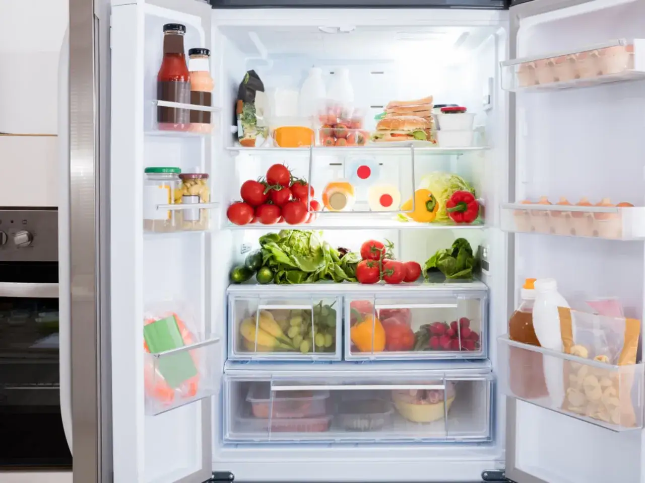 Un frigorífico lleno de alimentos frescos, listo para limpiar y organizar. Verduras, frutas, huevos y condimentos esperan su lugar.