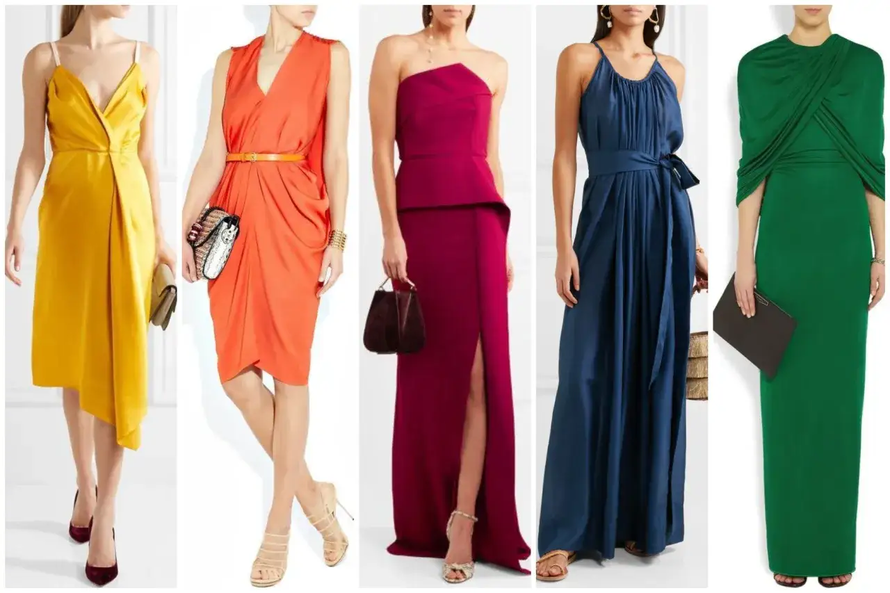 Cinque abiti da donna con un perfetto abbinamento colori: giallo, arancione, fucsia, blu e verde.