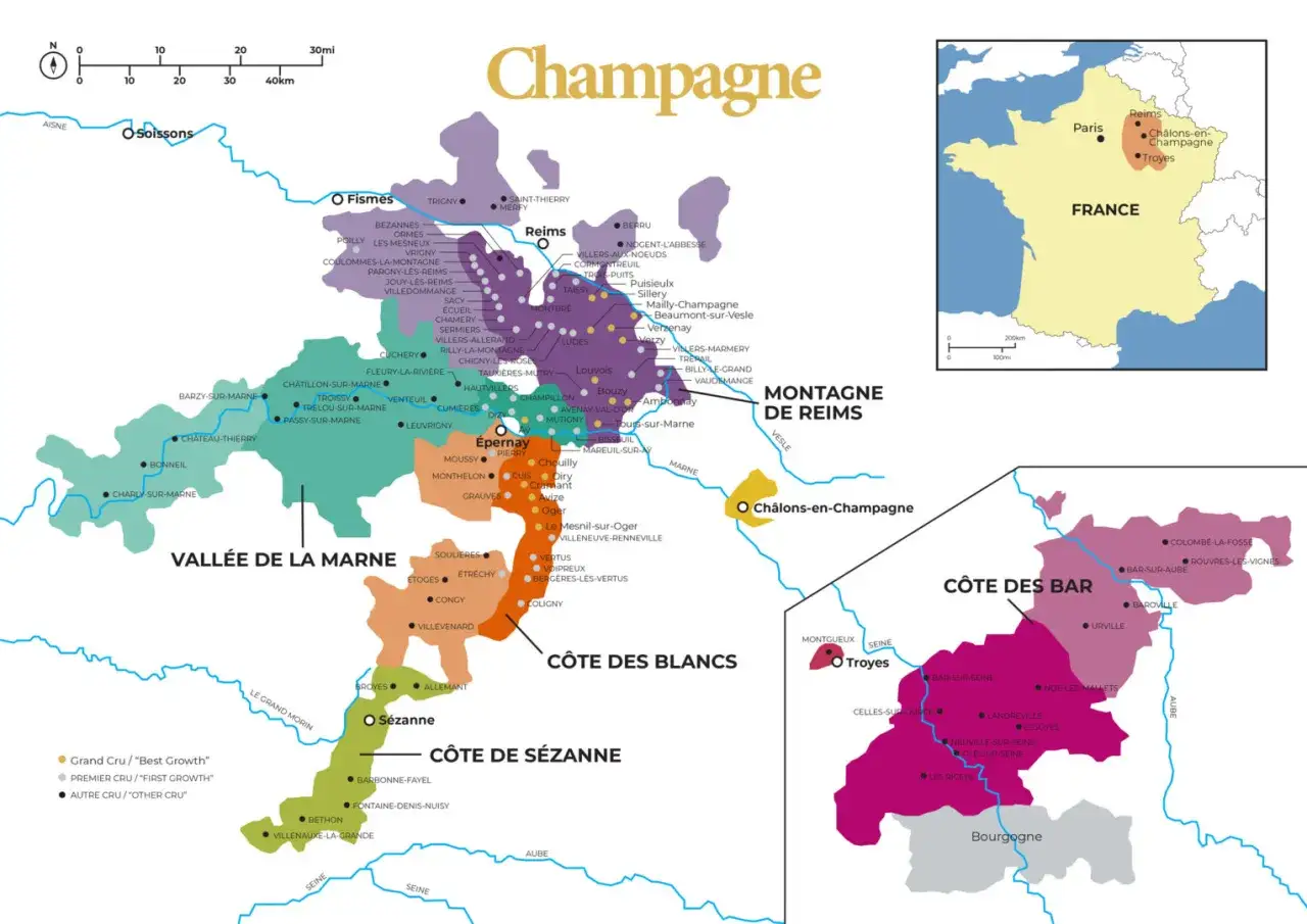 Karte der Champagne-Region mit den verschiedenen Champagner-Sorten und Weinbergen.