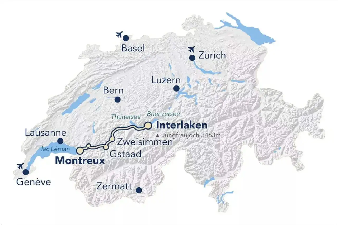 Map showing a scenic train route from Lucerne to Montreux, passing through Interlaken and Zweisimmen.