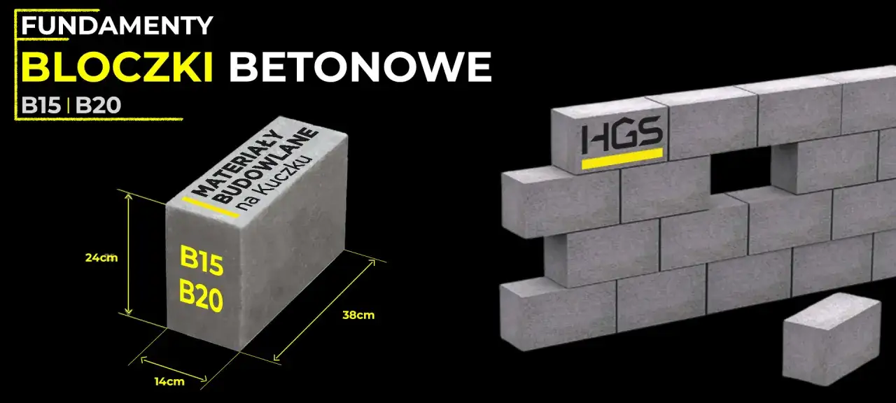 Bloczek fundamentowy HGS B15/B20, wymiary 38x24x14 cm, idealny do budowy solidnych fundamentów.