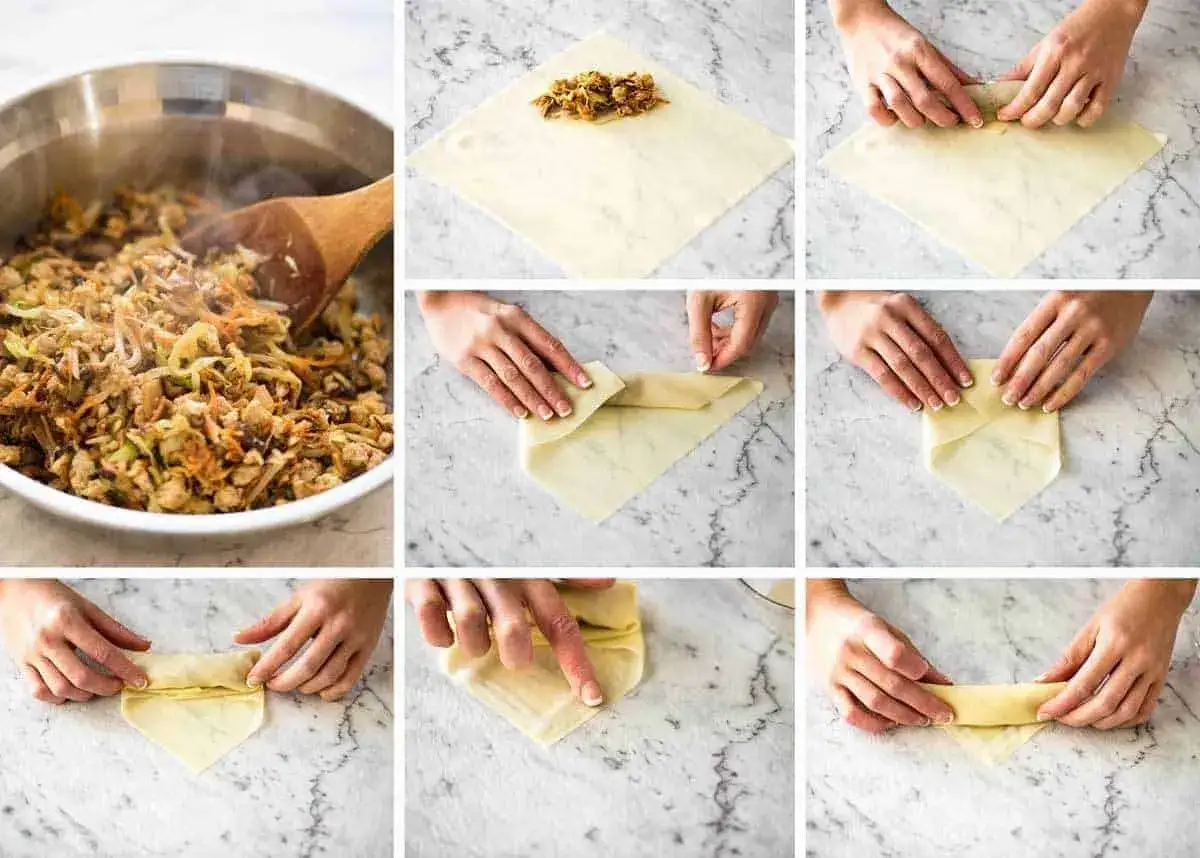 Steg-f&ouml;r-steg-guide f&ouml;r v&aring;rrullar recept: fyllning i sk&aring;l, sedan vikning av degark.