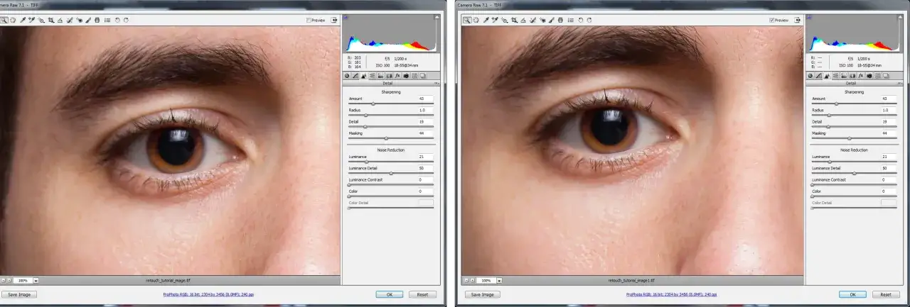 Comparaci&oacute;n de dos im&aacute;genes de un ojo, una con menos detalle y otra para mejorar nitidez foto, mostrando ajustes de enfoque.