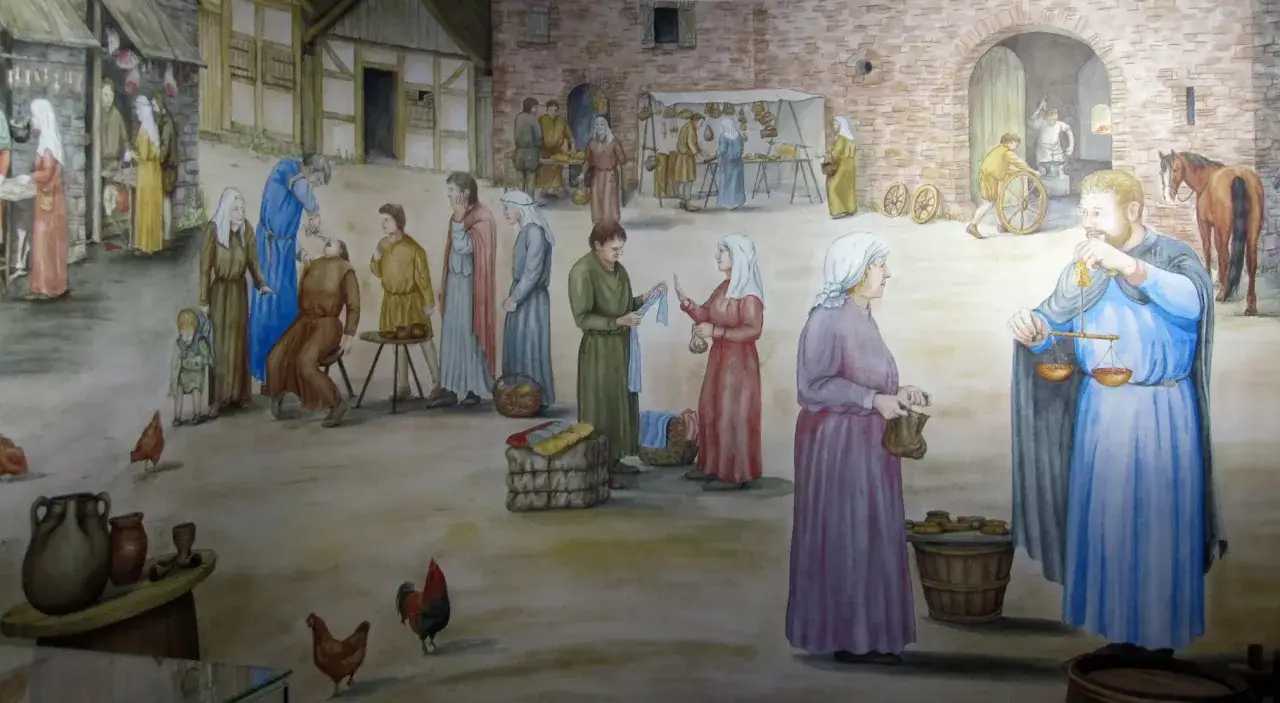 Auf einer Burg lebten Menschen, die Handel trieben. Ein Mann mit Waage wog Waren, w&auml;hrend andere auf dem Markt einkauften. H&uuml;hner liefen frei herum.