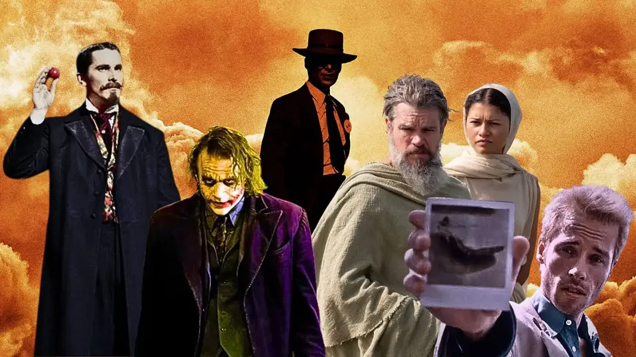 Postacie z filmów Christophera Nolana: Magik, Joker, tajemniczy mężczyzna w kapeluszu, Duke, Chani i Leonard Shelby z polaroidem.