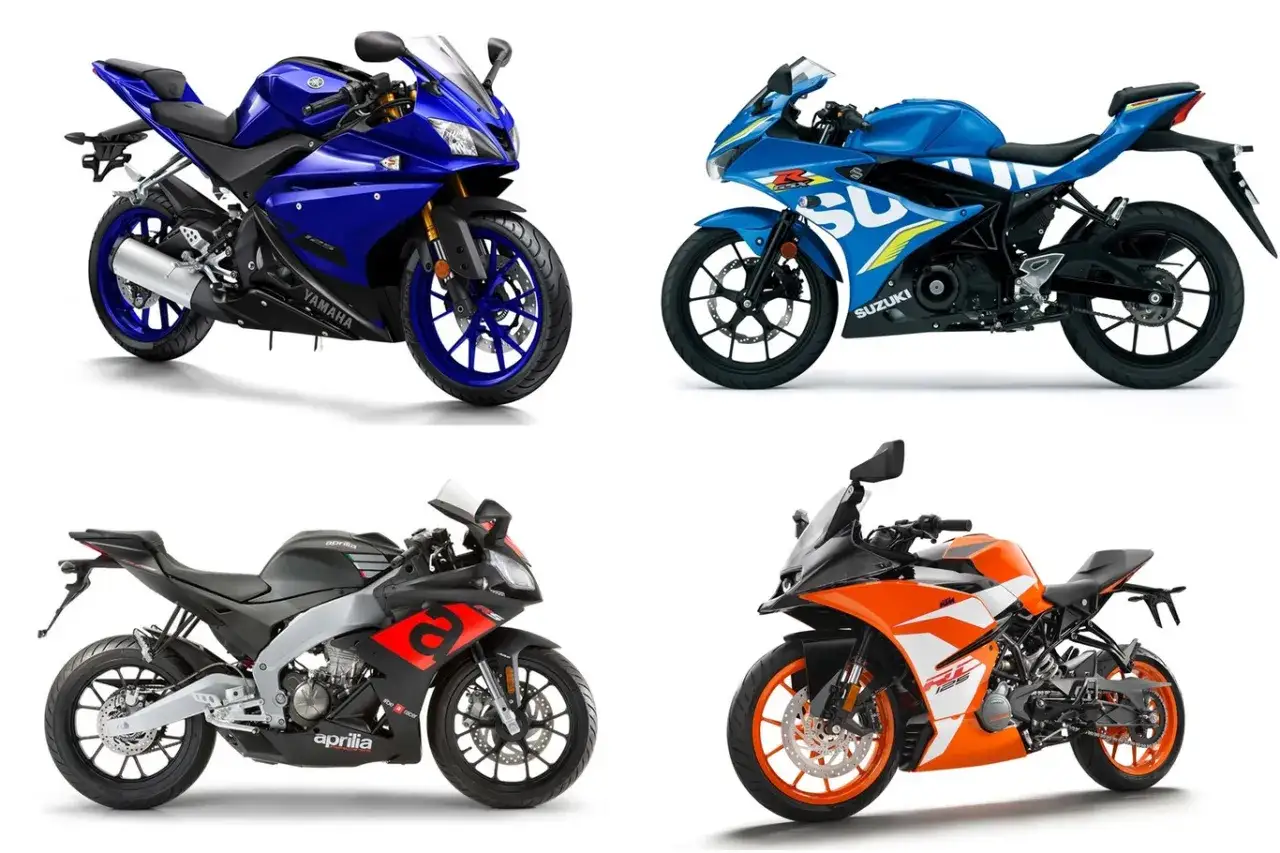Cuatro motos deportivas: Yamaha azul, Suzuki azul, Aprilia negra y naranja KTM. &iexcl;Pura potencia sobre dos ruedas!