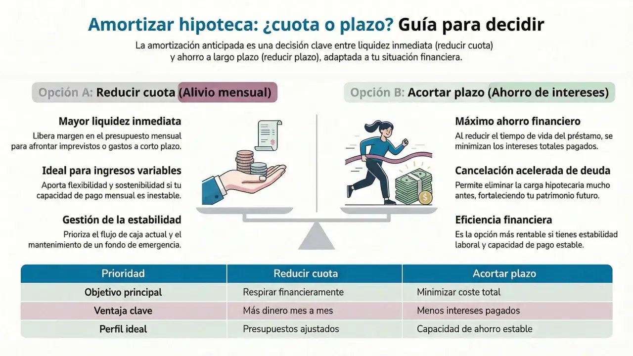 Guía para decidir si amortizar hipoteca: reducir cuota para liquidez o acortar plazo para ahorrar intereses.