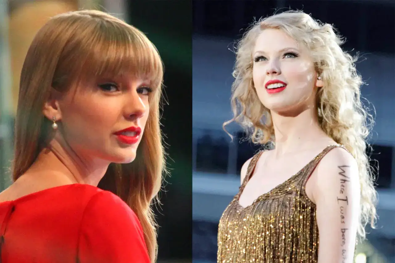 Taylor Swift w dw&oacute;ch odsłonach: z grzywką i bez. Na lewo w czerwonej sukience, na prawo w złotej, błyszczącej kreacji.