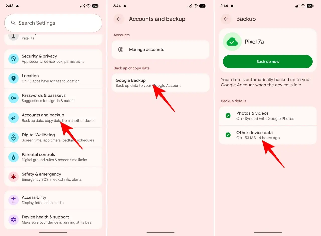 Kopia zapasowa Google na Pixelu 7a. Dane są automatycznie tworzone, gdy urządzenie jest bezczynne.