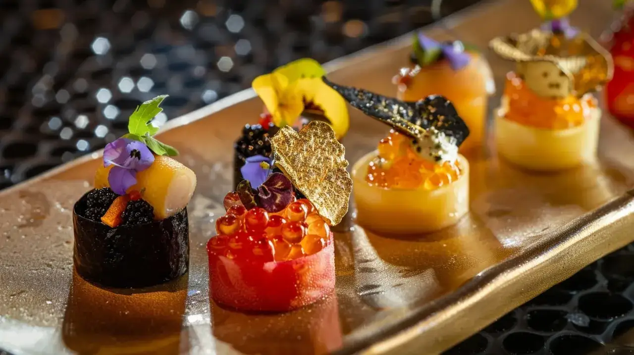 Eleganckie amuse bouche: kawiory, owoce, jadalne kwiaty i złote płatki na tacy.