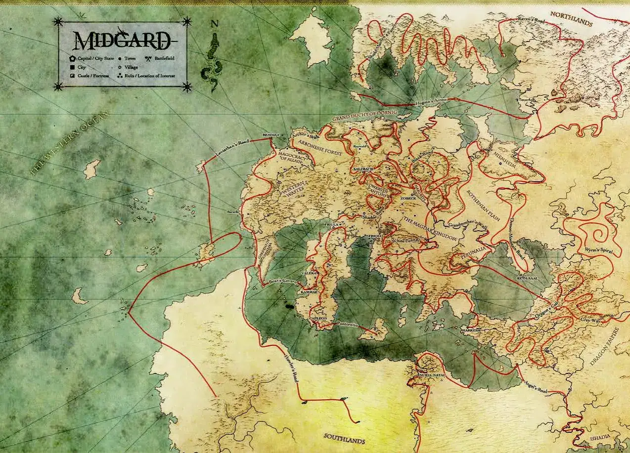 Mapa Midgardu z zaznaczonymi czerwonymi liniami, które mogą symbolizować ley lines, łączące różne krainy i miasta.