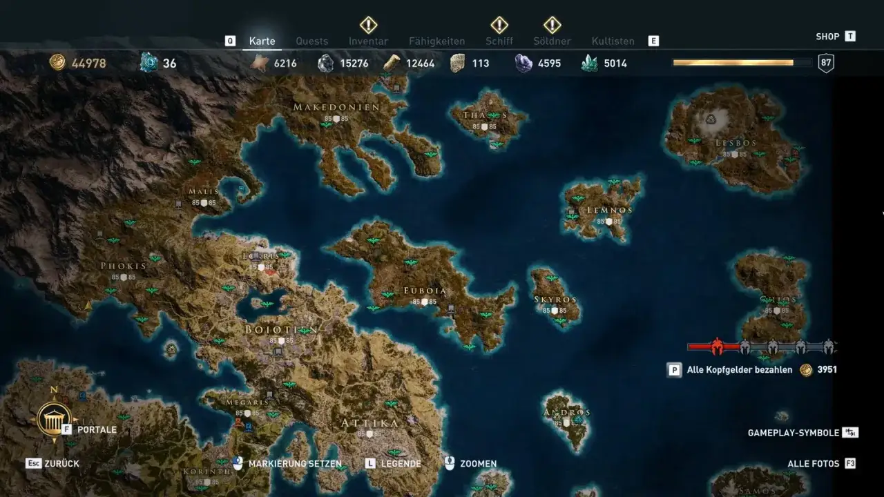 Mapa z gry Assassin's Creed Odyssey, pokazująca wyspy i regiony starożytnej Grecji. Pomocne w planowaniu podróży i misji.