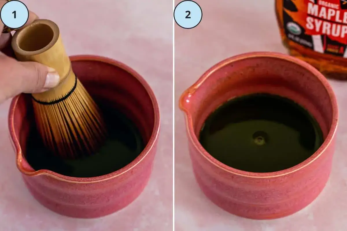 Préparation d'un lait matcha. Le fouet en bambou mélange la poudre verte dans le bol. Les bienfaits du lait matcha sont nombreux.