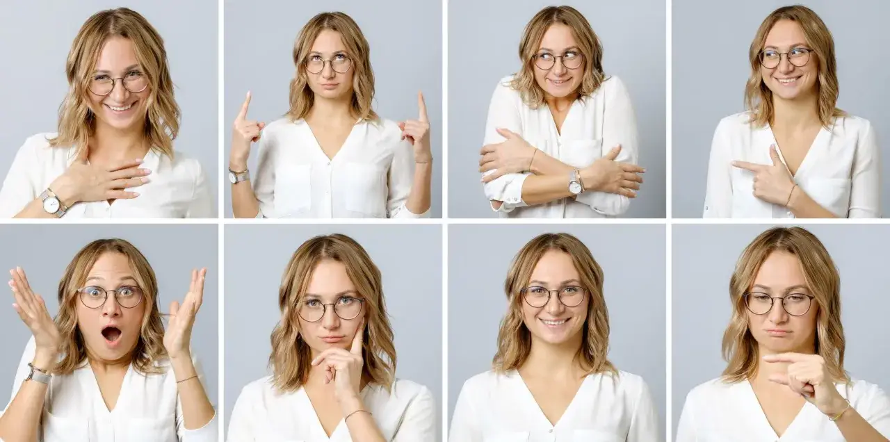 Ocho expresiones faciales de una mujer con gafas, mostrando se&ntilde;ales de que si te van a contratar: confianza, sorpresa, duda, alegr&iacute;a.