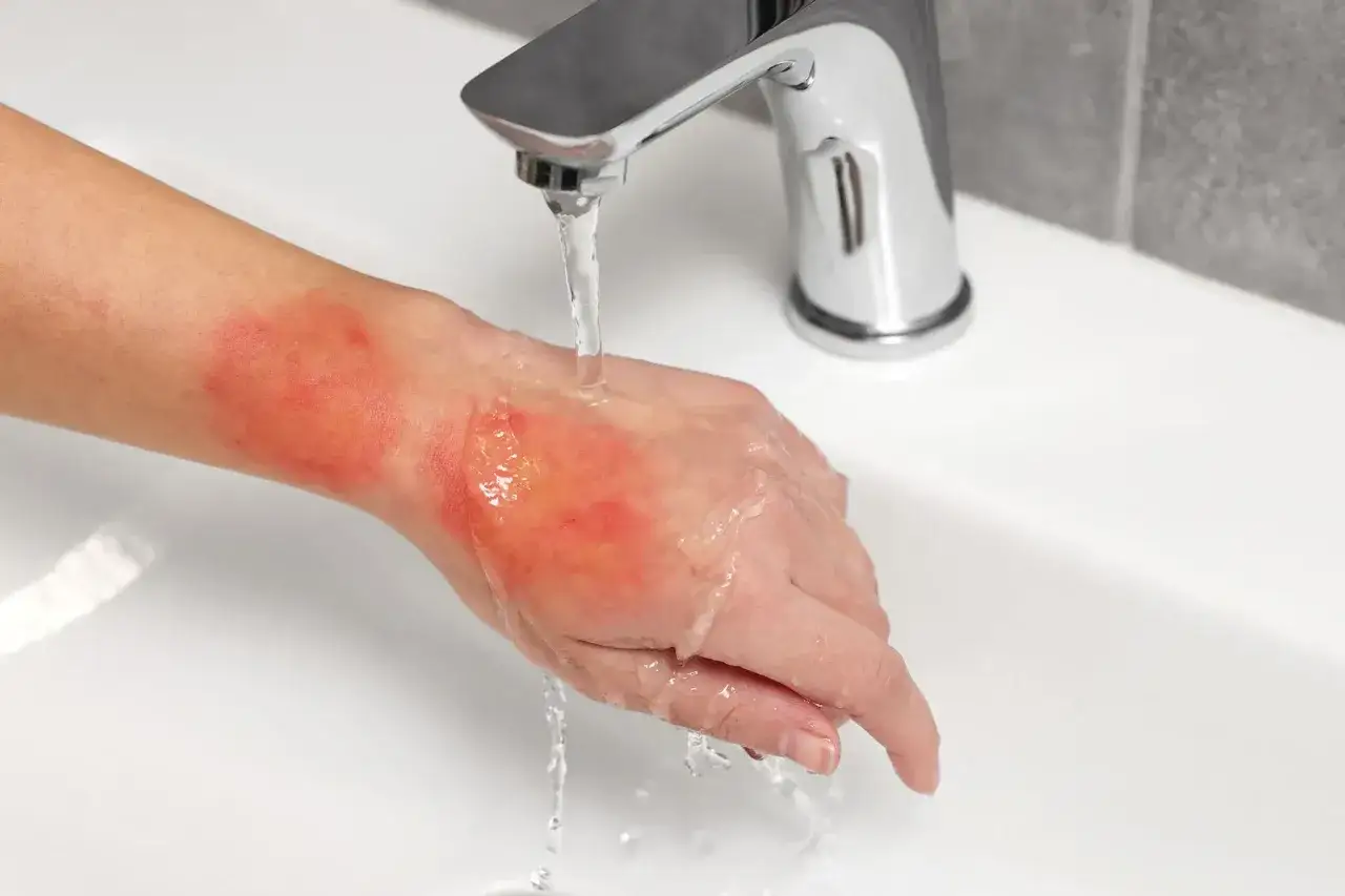 Verbrennungen an Hand und Unterarm werden unter flie&szlig;endem Wasser gek&uuml;hlt, um die Wunden zu desinfizieren.