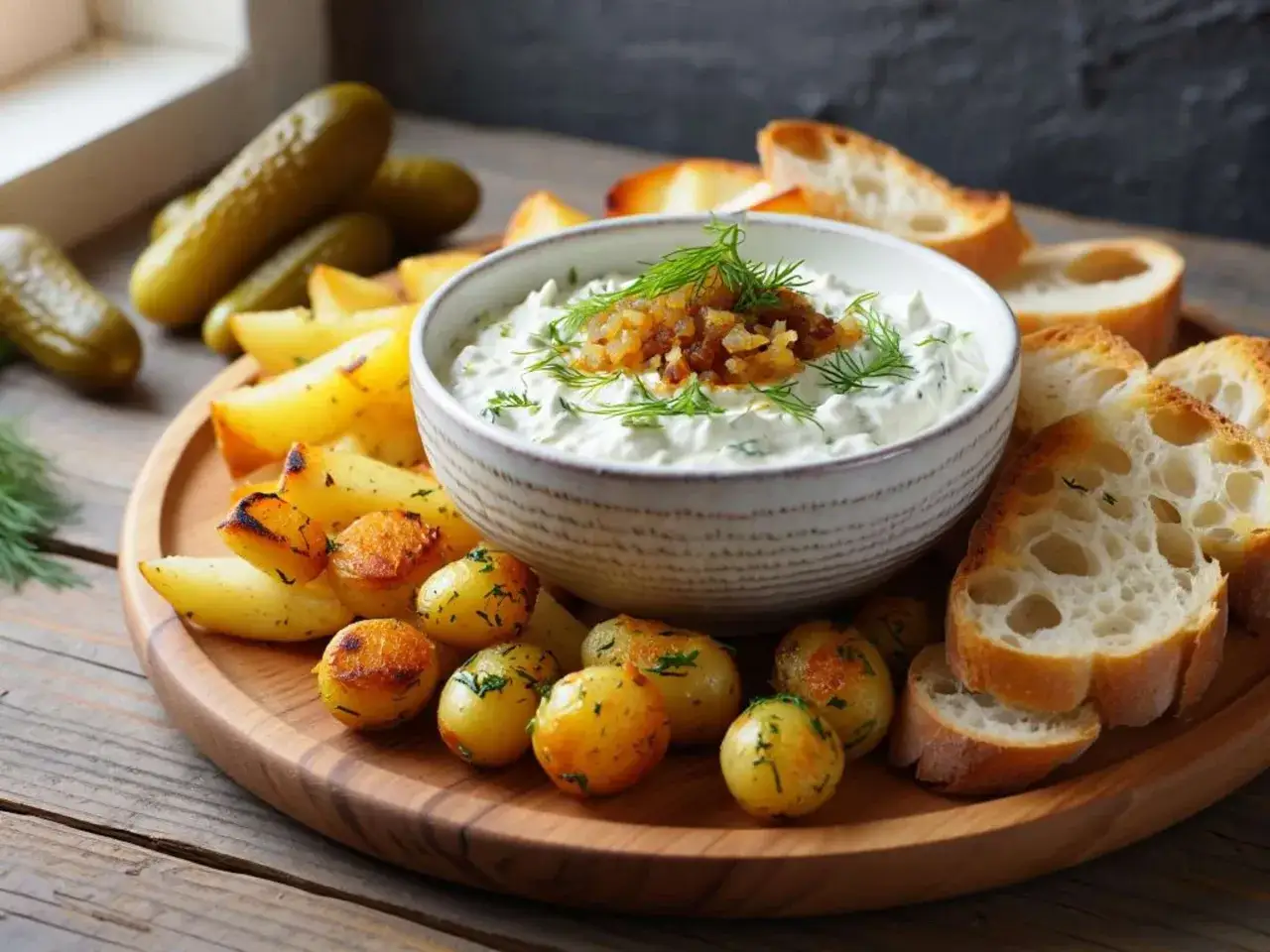 Ein köstlicher Dip mit Kräutern und Röstzwiebeln, serviert mit knusprigen Kartoffelspalten, kleinen Kartoffeln, Baguettescheiben und Gewürzgurken. Perfekt für einen schnellen Dip zu Kartoffeln!