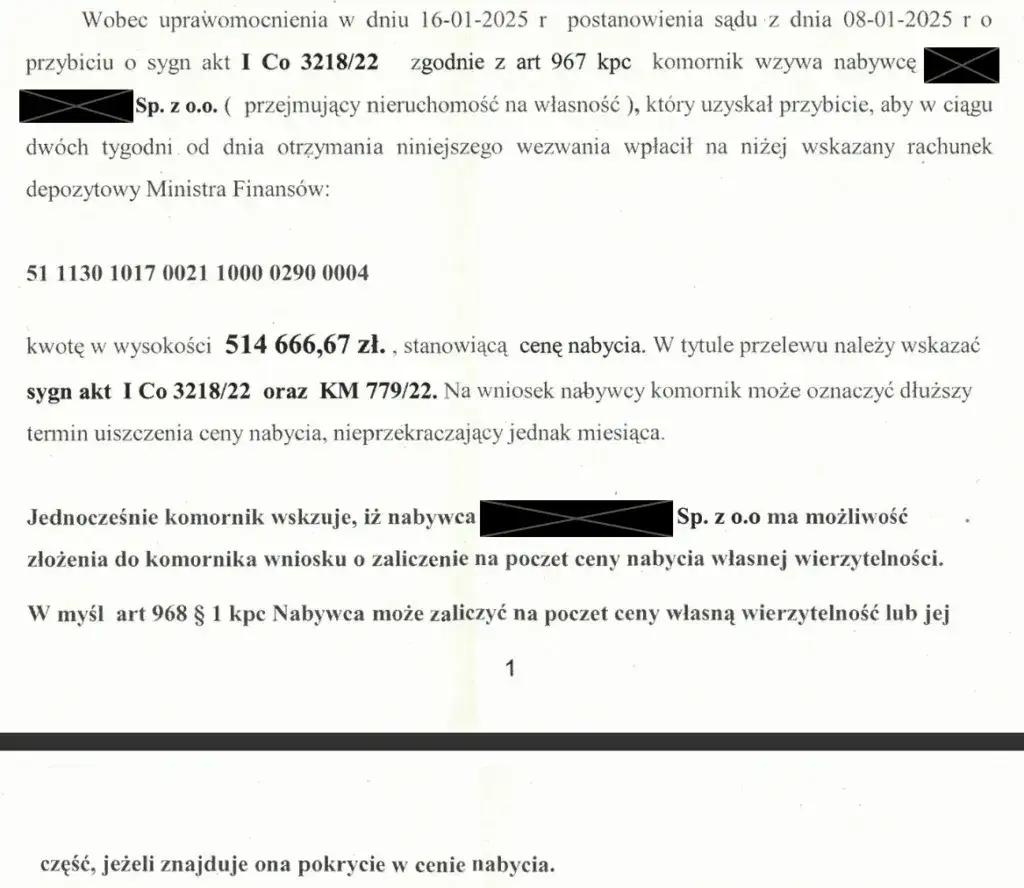 postanowienie o przybiciu nieruchomości komornik