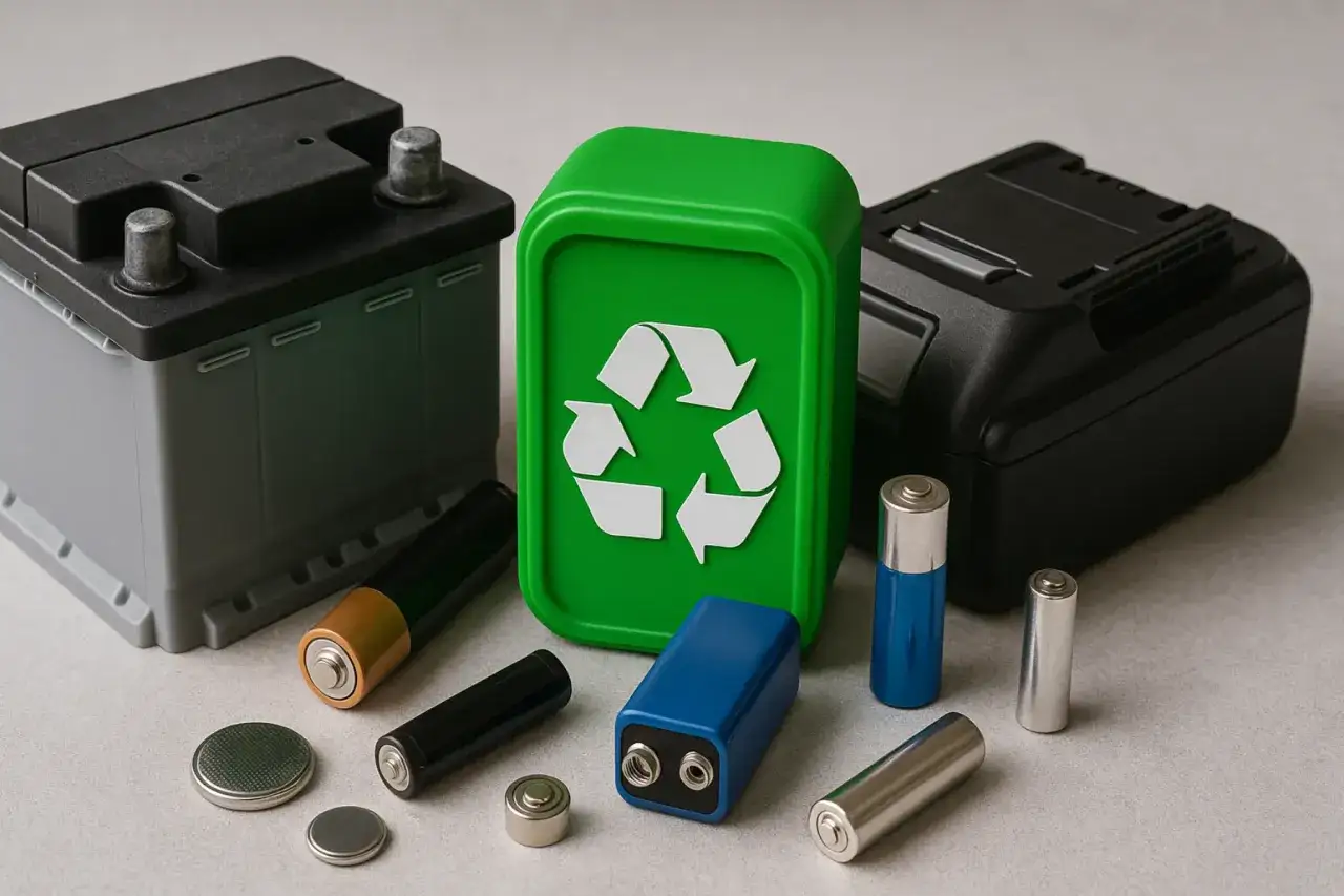 Olika batterier, inklusive ett bilbatteri och mindre AA-batterier, samlade runt en grön återvinningsbehållare med återvinningssymbolen. Viktigt för återvinning litiumbatterier.