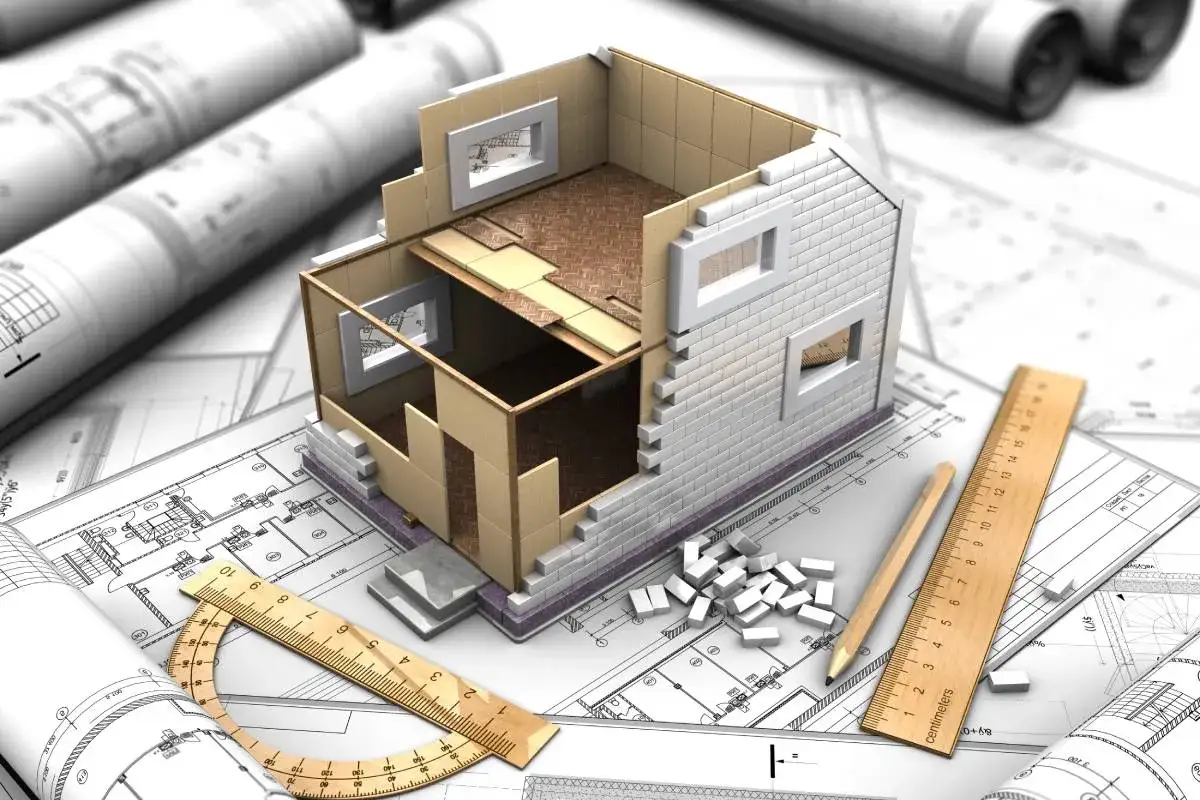 Model domu na planach architektonicznych, narzędzia budowlane i cegiełki. Wizualizacja procesu legalizacji samowoli budowlanej.