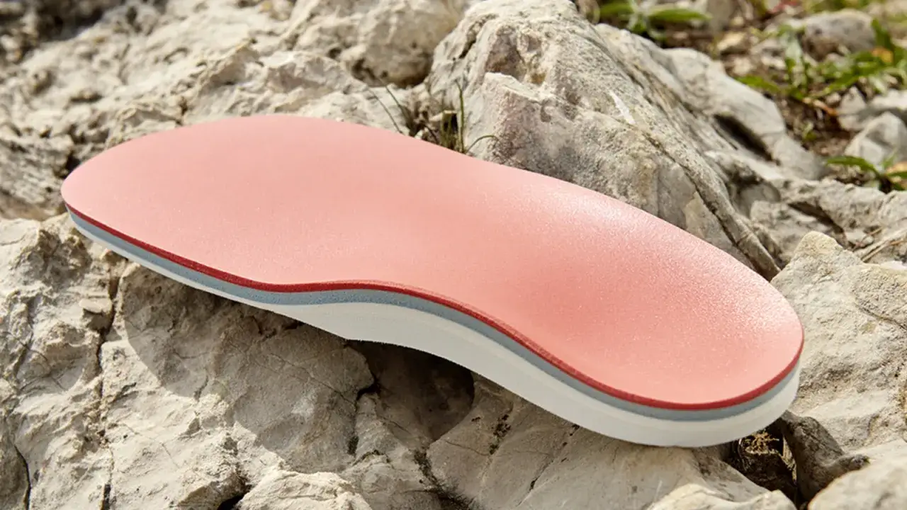 Eine orthopädische Einlegesohle in Rosa, die bei schmerzenden Knien hilft, liegt auf Felsen.