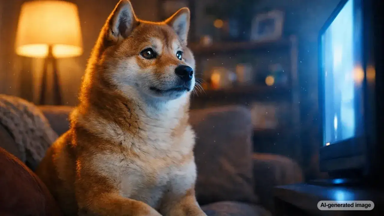 Shiba Inu siedzi na kanapie, z uwagą obserwując ekran telewizora. Widać, jak widzi pies telewizor, skupiony na migoczących obrazach.