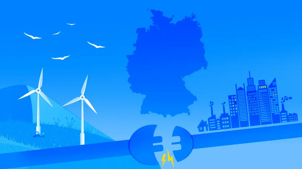 Deutschland klimaneutral: Windr&auml;der, Stadt und ein zerbrochenes Euro-Symbol mit Blitz symbolisieren den Weg zur gr&uuml;nen Energie.