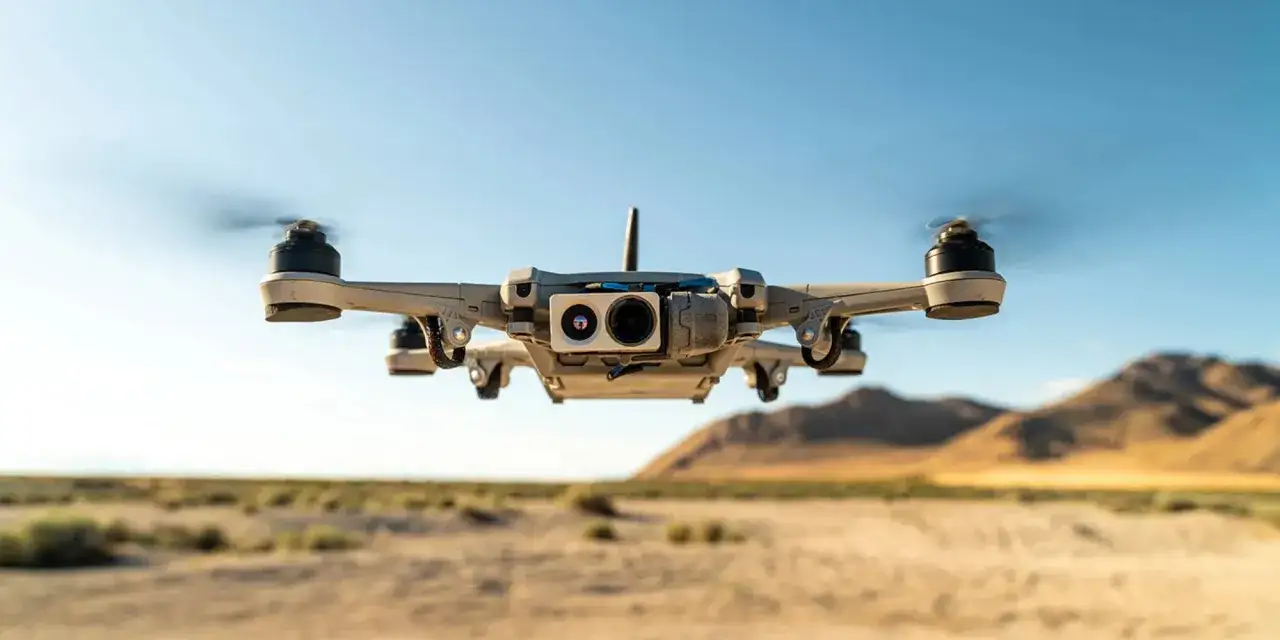 A gray drone with dual cameras hovers over a desert landscape. Blue UAS list elements are visible on its body.