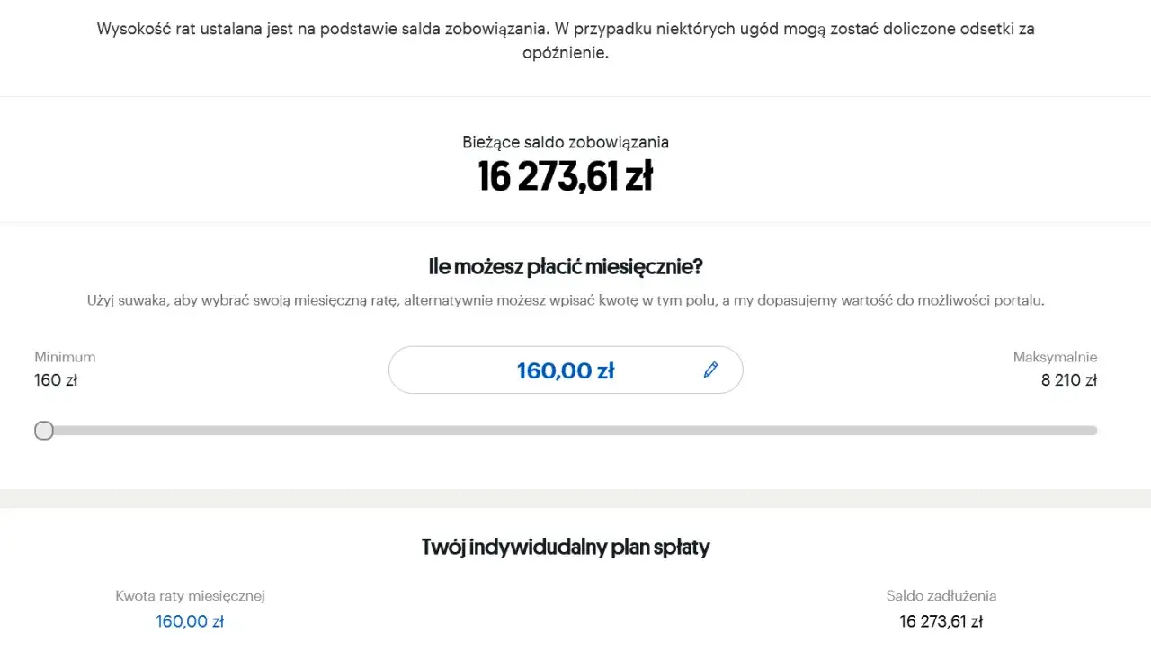 Saldo zadłużenia 16 273,61 zł. Możesz wybrać miesięczną ratę od 160 zł. Nie ma tu nic o tym, co to jest kruk.