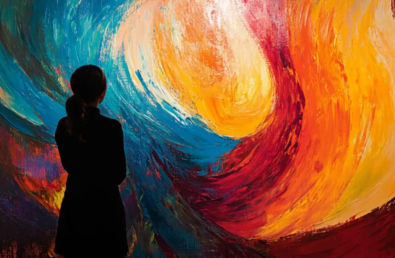 Una persona in silhouette ammira un dipinto astratto dai colori vivaci. Quante sono le emozioni che questo vortice di blu, rosso e giallo pu&ograve; evocare?