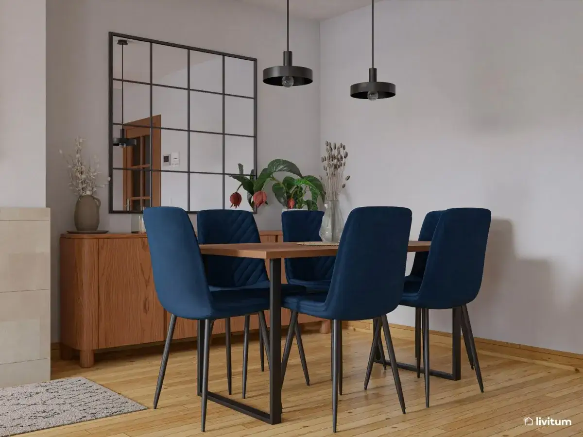 Comedor moderno con sillas azul marino. El azul oscuro combina bien con la madera y el gris claro, creando un ambiente acogedor.