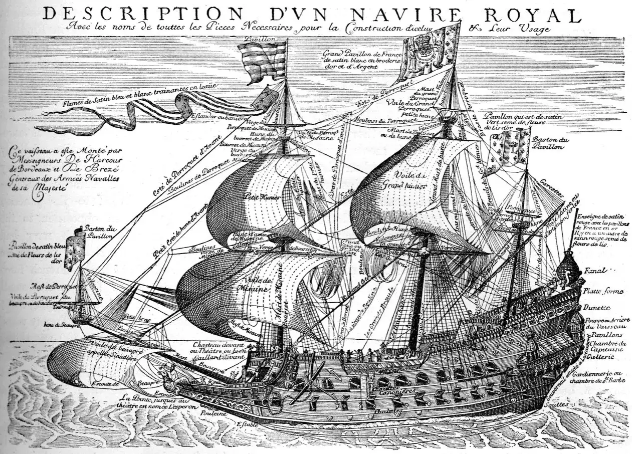 Gravure d'un bateau 17eme siecle, un navire royal majestueux avec ses voiles gonflées et ses nombreux détails architecturaux.