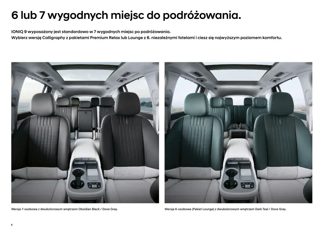 Wnętrze Hyundai Ioniq 9: wersja 7-osobowa z czarno-szarym wnętrzem i wersja 6-osobowa z zielono-szarym wnętrzem.