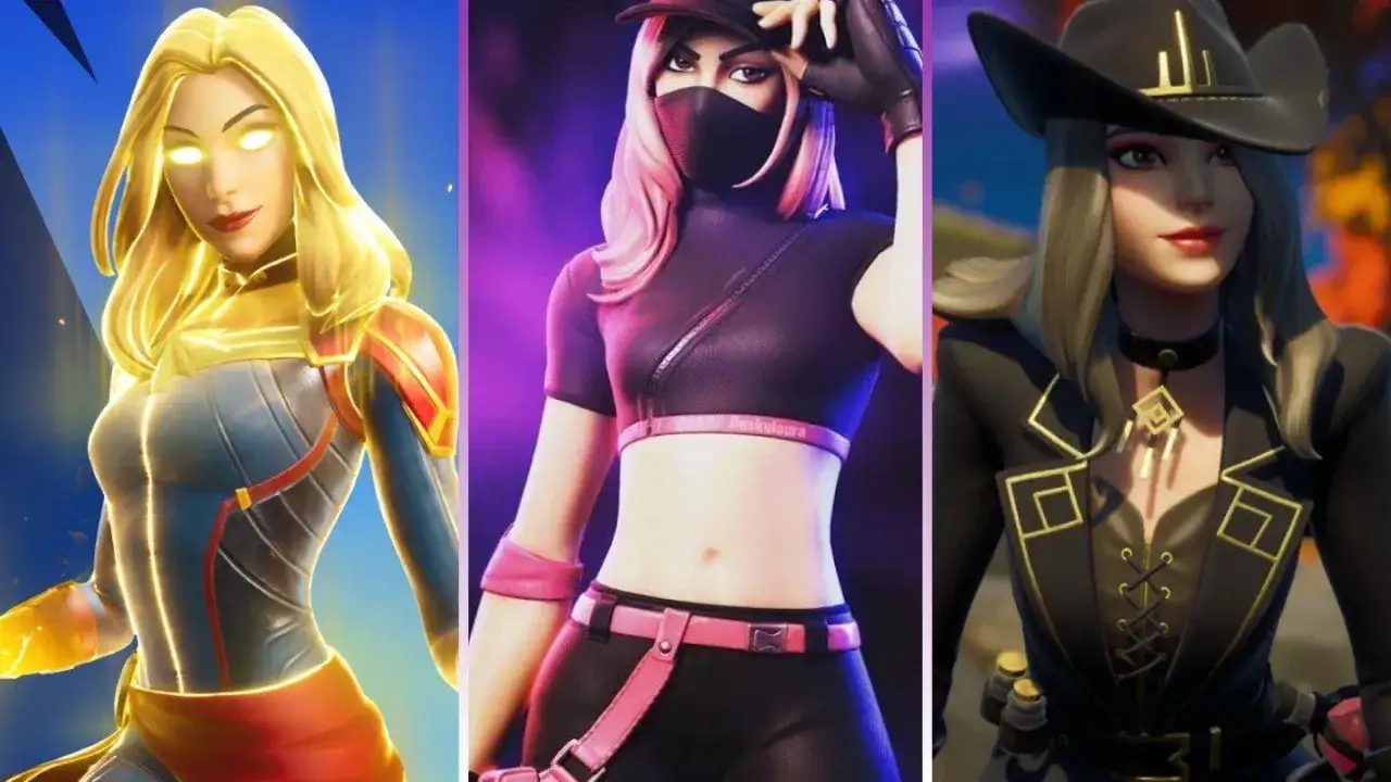 Trzy bohaterki Fortnite: jedna w złotym stroju z błyszczącymi oczami, druga w czarnym topie i różowych dodatkach, trzecia w kapeluszu kowbojskim i czarnej kurtce.