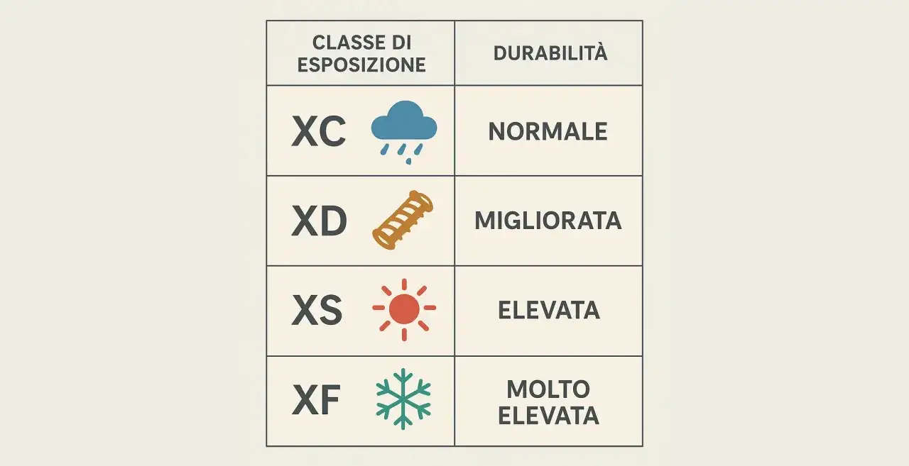 Tabella classi di esposizione calcestruzzo: XC (pioggia) normale, XD (gelo/disgelo) migliorata, XS (sole) elevata, XF (neve) molto elevata.