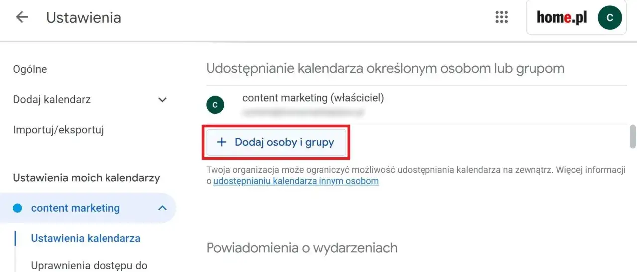 Ustawienia udostępniania kalendarza Google. Dodaj osoby i grupy do kalendarza