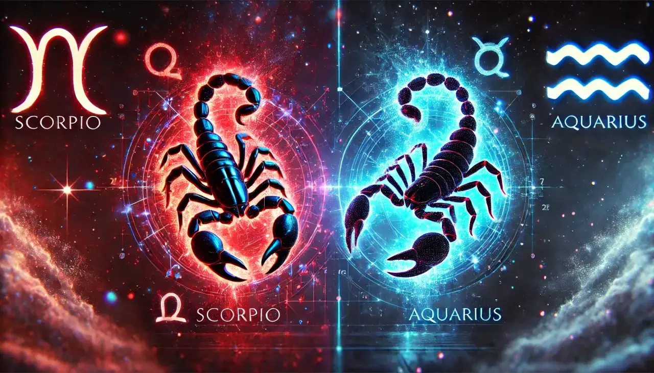 Dwa skorpiony, jeden w czerwonej poświacie z napisem SCORPIO, drugi w niebieskiej z napisem AQUARIUS. Wodnik i skorpion w kosmicznej oprawie.