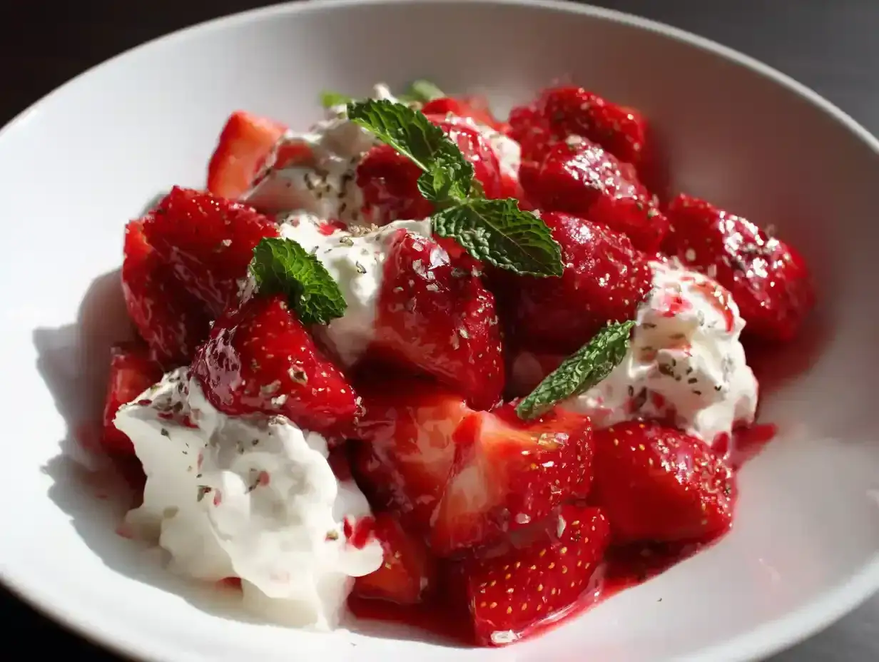 En skål med saftiga jordgubbar och vispad grädde, toppad med mynta. En perfekt sommardessert som påminner om en enkel sockerkaka med jordgubbar.