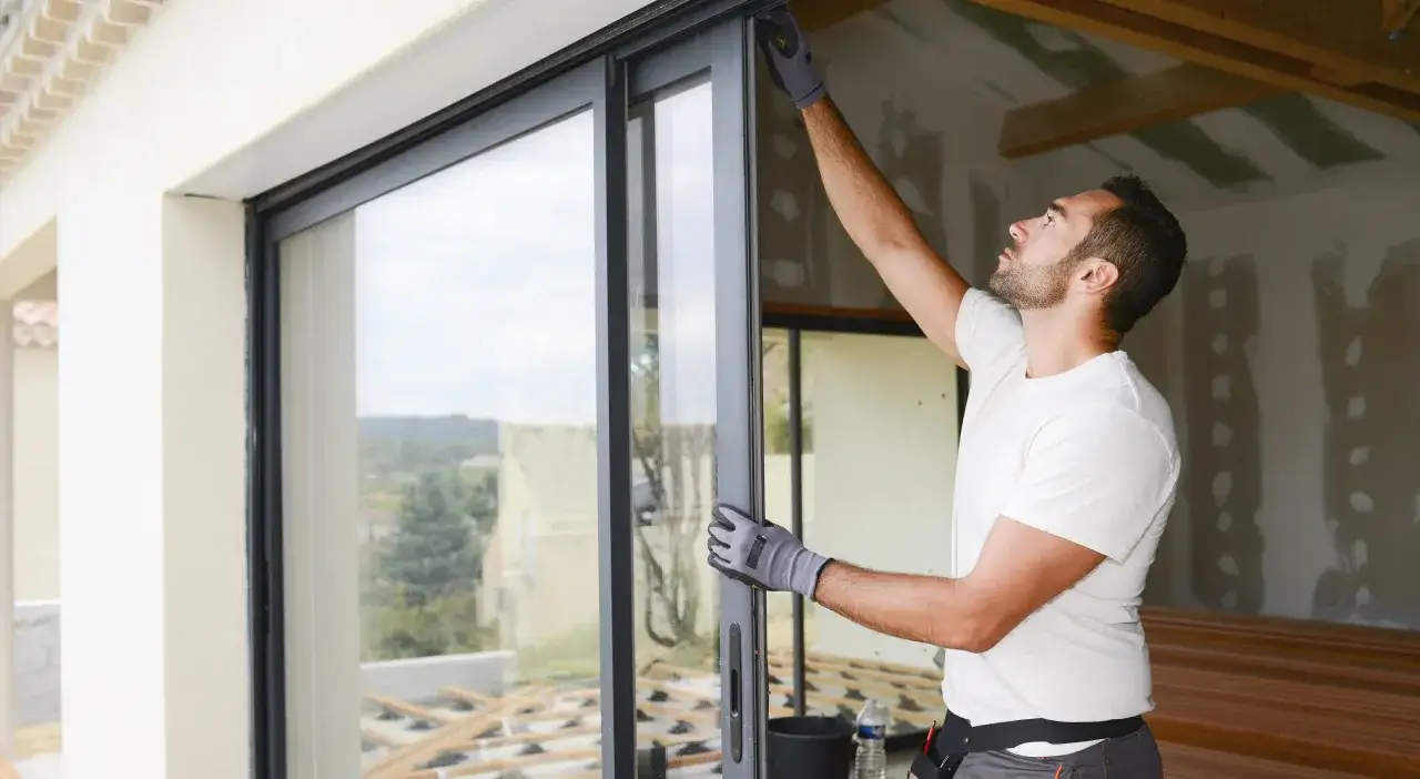 Un hombre con guantes ajusta una ventana corredera de PVC. El instalador trabaja en el interior de una casa en construcci&oacute;n.